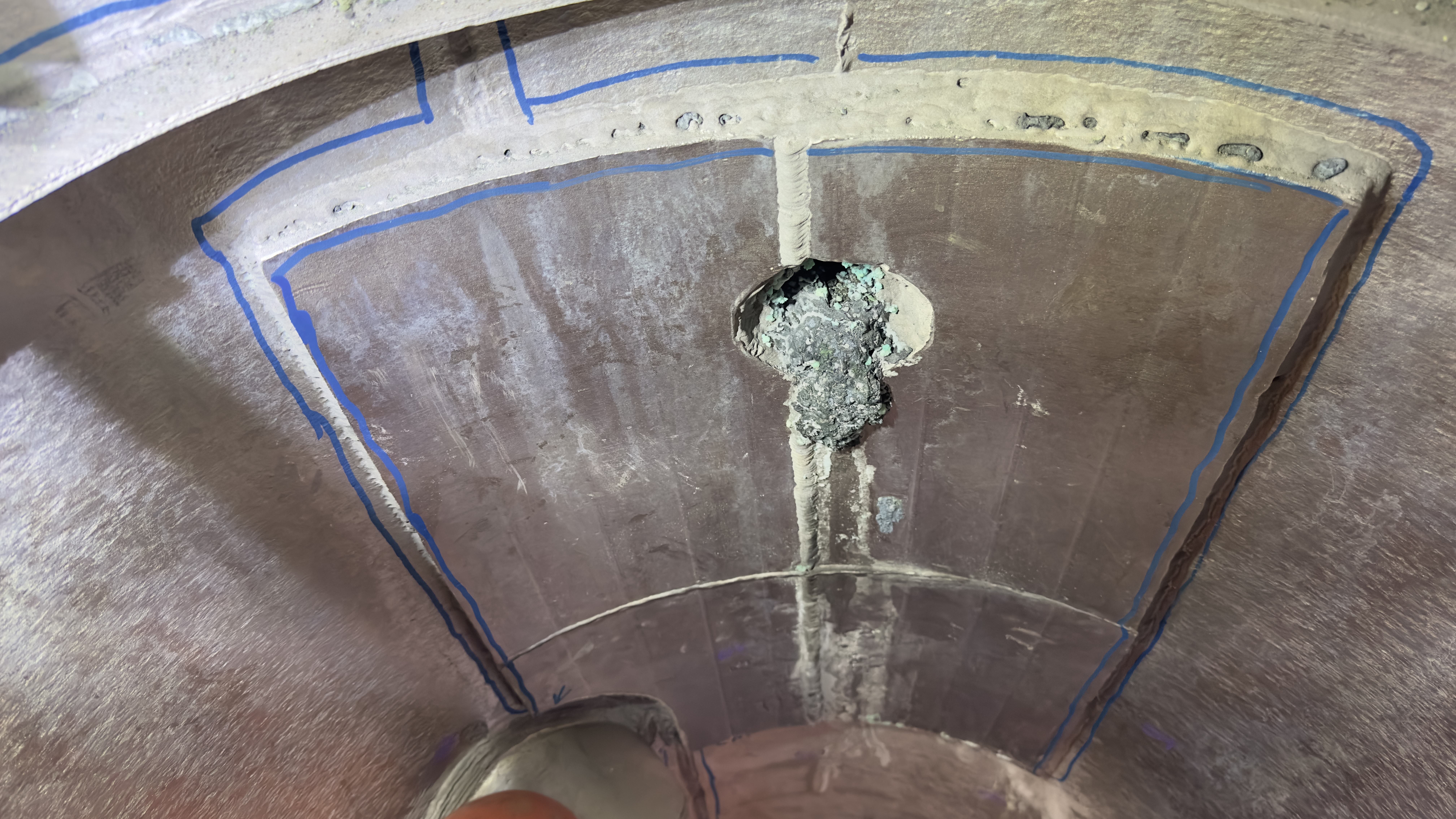 Corrosion perforation found during an internal vessel inspection