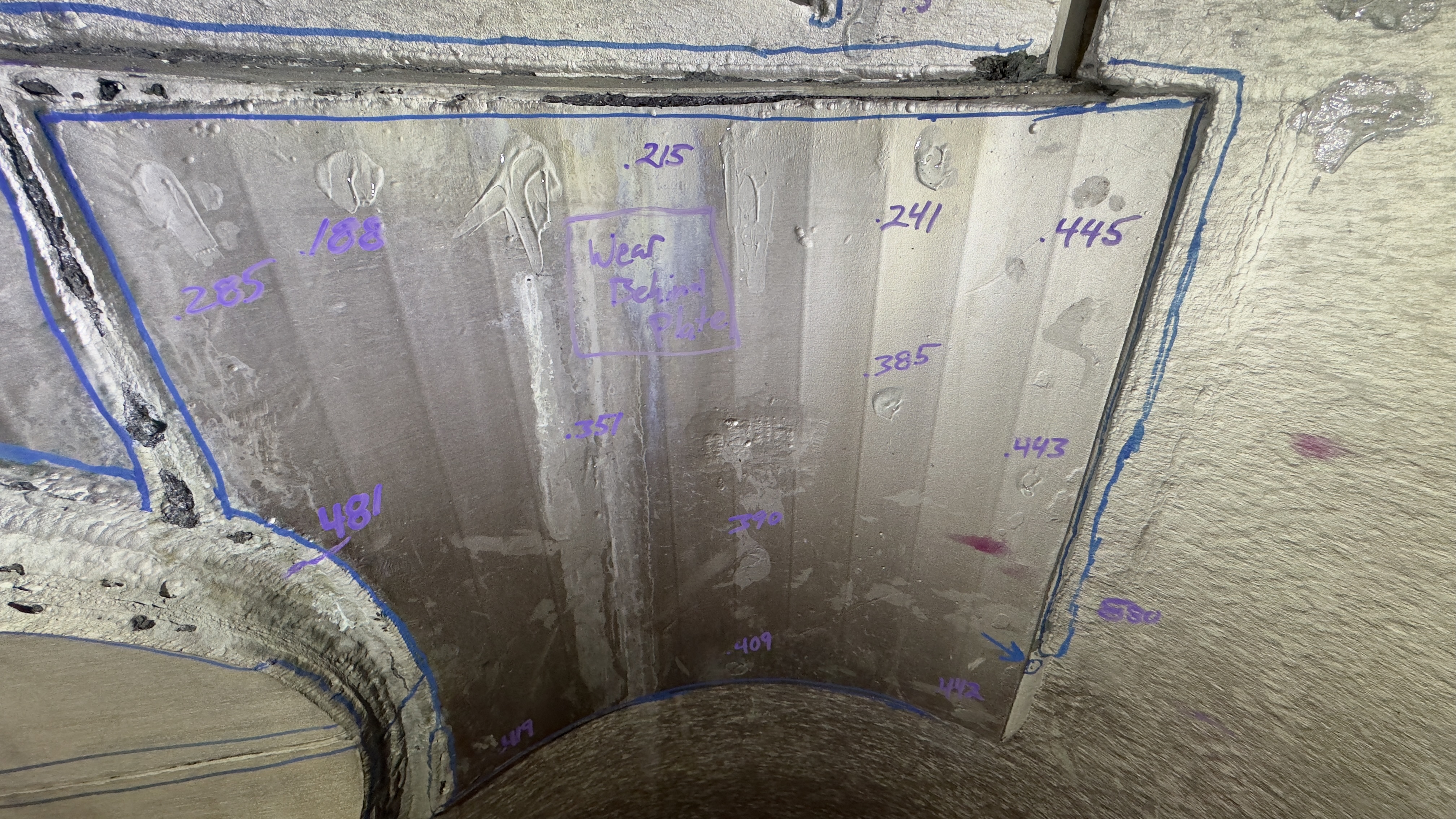 Ultrasonic thickness measurements marked directly on a vessel wall